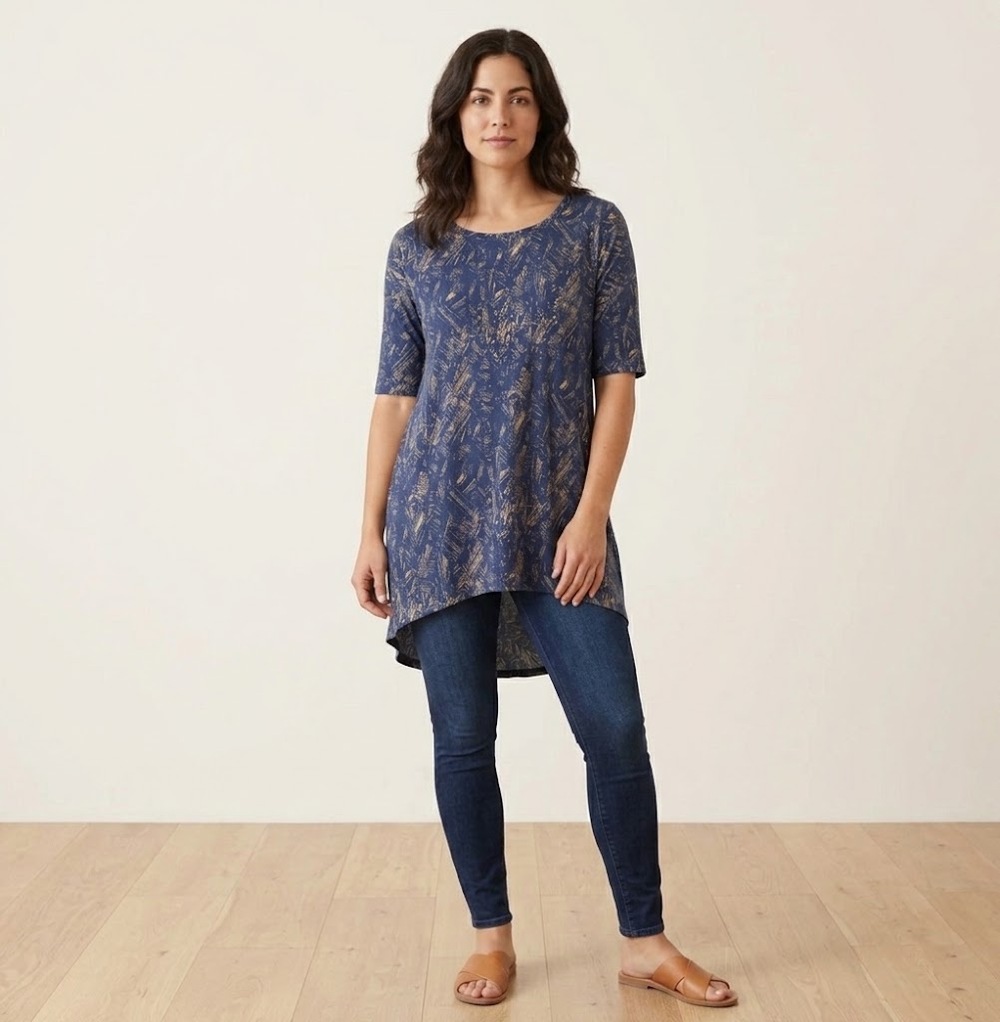 LuLaRoe Irma Tunic Top Women’s M Navy Cream Abstract High Low NWT